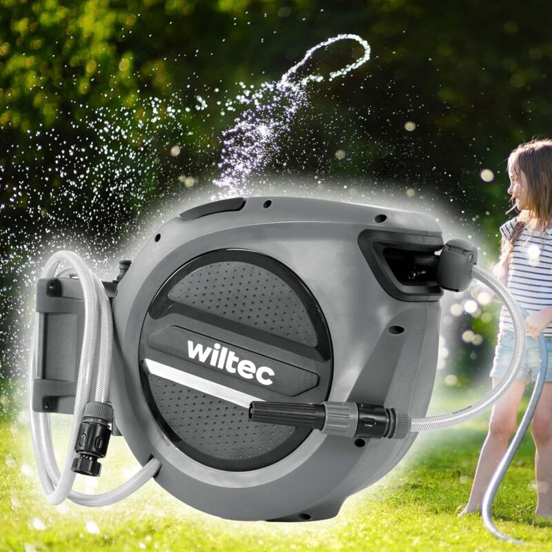 XPOtool Schlauchtrommel, Wand Schlauchbox mit Aufroll-Automatik und 20m Wasserschlauch, Gartenbewässerung – Bild 2