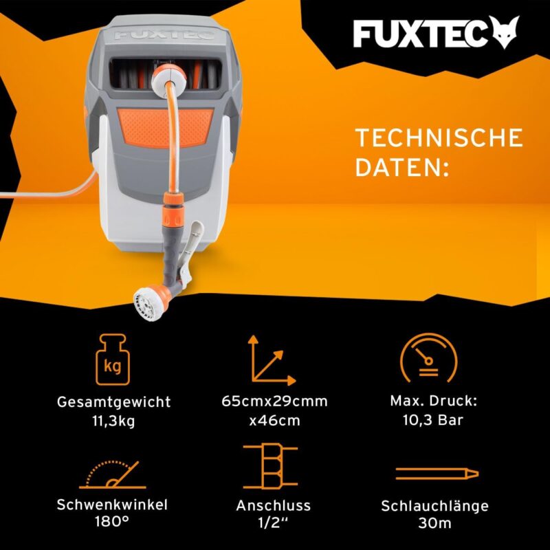 FUXTEC automatische Schlauchtrommel FX-WSA30, 30 m Gartenschlauch ½ Zoll, 180° schwenkbar – Bild 3