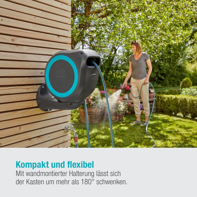 Gardena Wand-Schlauchbox RollUp S (türkis) 15 m; schwenkbare Trommel mit Wandhalterung – Bild 2